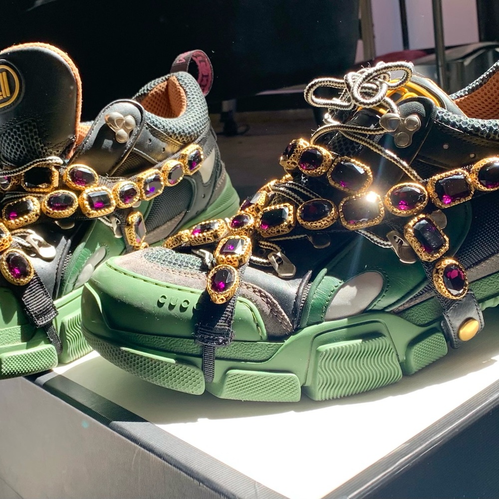 Rare Gucci Flashtrek leather sneaker with amethyst Swarovski crystals.